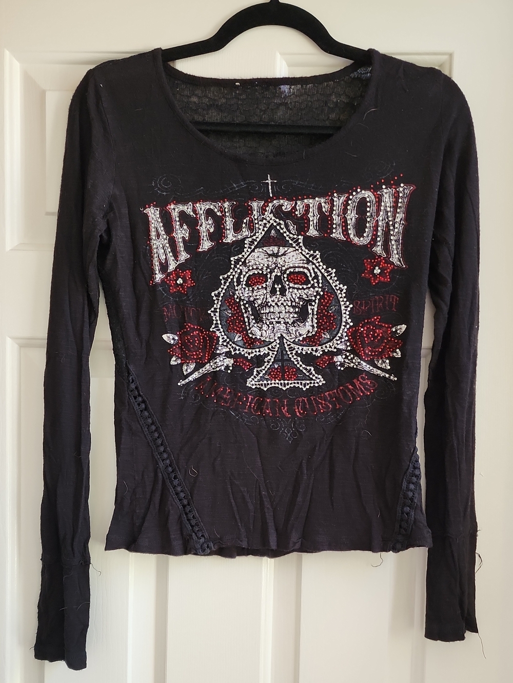 Affliction Women's Black Long-Sleeve Embellished Skull Top